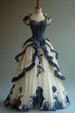 Gothic Navy and Champagne Wedding Dresses with Ruffles Beaded Corset Bridal Gown