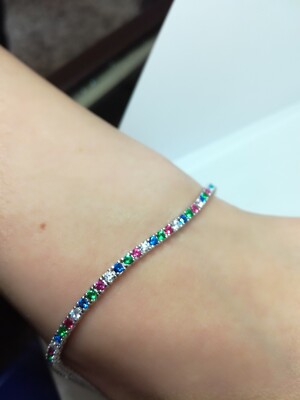Bracelet Tennis En Argent Sterling Multicolore - Longueurs 16, 18, 20.5cm, Pierres Zirconium, Marque Exploit