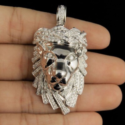 1.20 ctw Simulated Diamond 14K White Gold Plated Lion Face Men's Pendant 2''