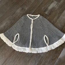 Vintage ILGWU Shawl Black White DuPont Orlon Union Made Crochet Fringe Trim