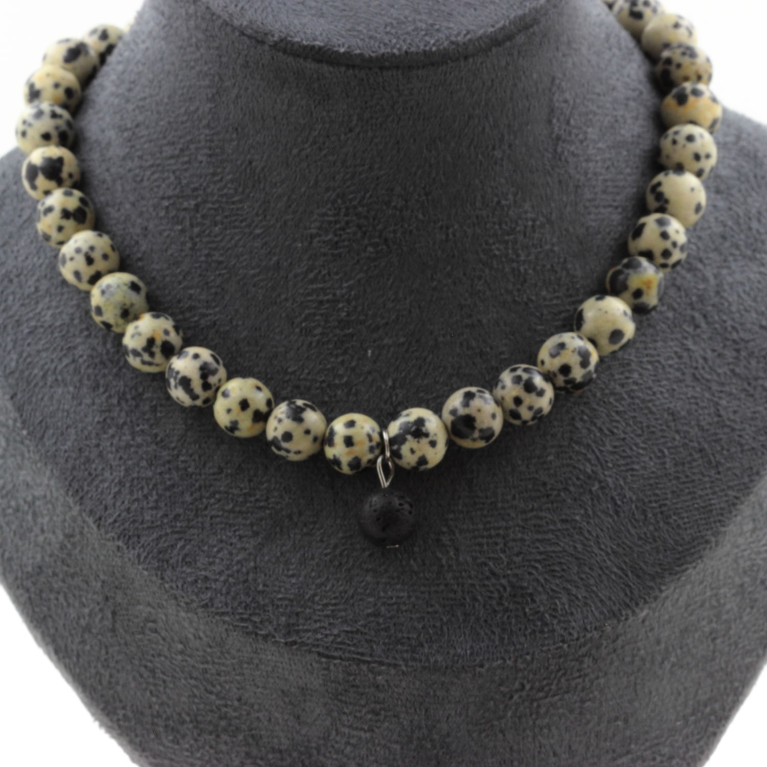 Collier jaspe dalmatien perle lave bijoux pierres naturelles