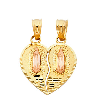 14K Two Tone Gold Religious Guadlupe Broken Heart Pendant Gift Jewelry For men 