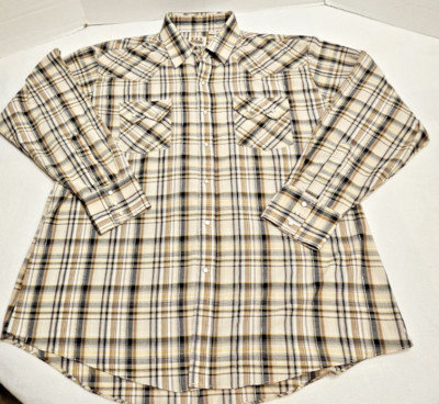ELY Cattleman Shirt Western Tan Brown Plaid Long Sleeve Pearl Snaps Men s XL
