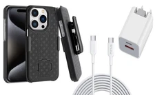For iPhone 15 Pro Max - Belt Clip Case and Fast Home Charger Combo Swivel