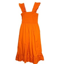 NWT The Drop Orange Women's Kimi Ruffled Shoulder Smocked Midi Dress Pockets Med