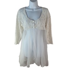 Val Mode Short Sheer Robe White Medium Button Bridal Chiffon Lace Peignoir VTG