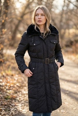 JOINUS BLACK FUR TRIM DOWN BELT MIDI PUFFER COAT SZ M (66)