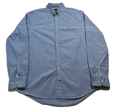 Tommy Hilfiger Mens Shirt Blue White Micro Stripe Easy Care Regular Fit Size