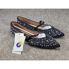 A New Day Gabriella Black Satin Rhinestone Mary Jane Pointed Toe Flats Size 6