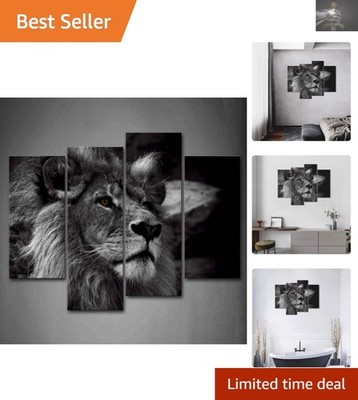 Stunning Black and White Lion Head Canvas Wall Art - 4 Panels for Modern Homes