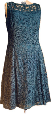 Liz Claiborne Lace Dress 8 Fit Flare Emerald Green Teal Cocktail Wedding Guest M