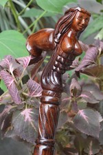 36" Wooden Walking Cane with Hand Carved Mermaid Head   Natural Wood Grain, Uniq