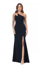 Xscape Women's Black Asymmetric Stretch One-Shoulder Slit Gown Dress Size 4