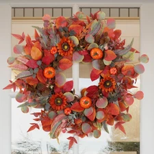 Wreaths for Front Door, 24 Inch Eucalyptus Wreath with Sunflower and Pumpkin,...