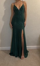 Emerald Green homecoming prom dress with Rhinestones , straps, slit on side