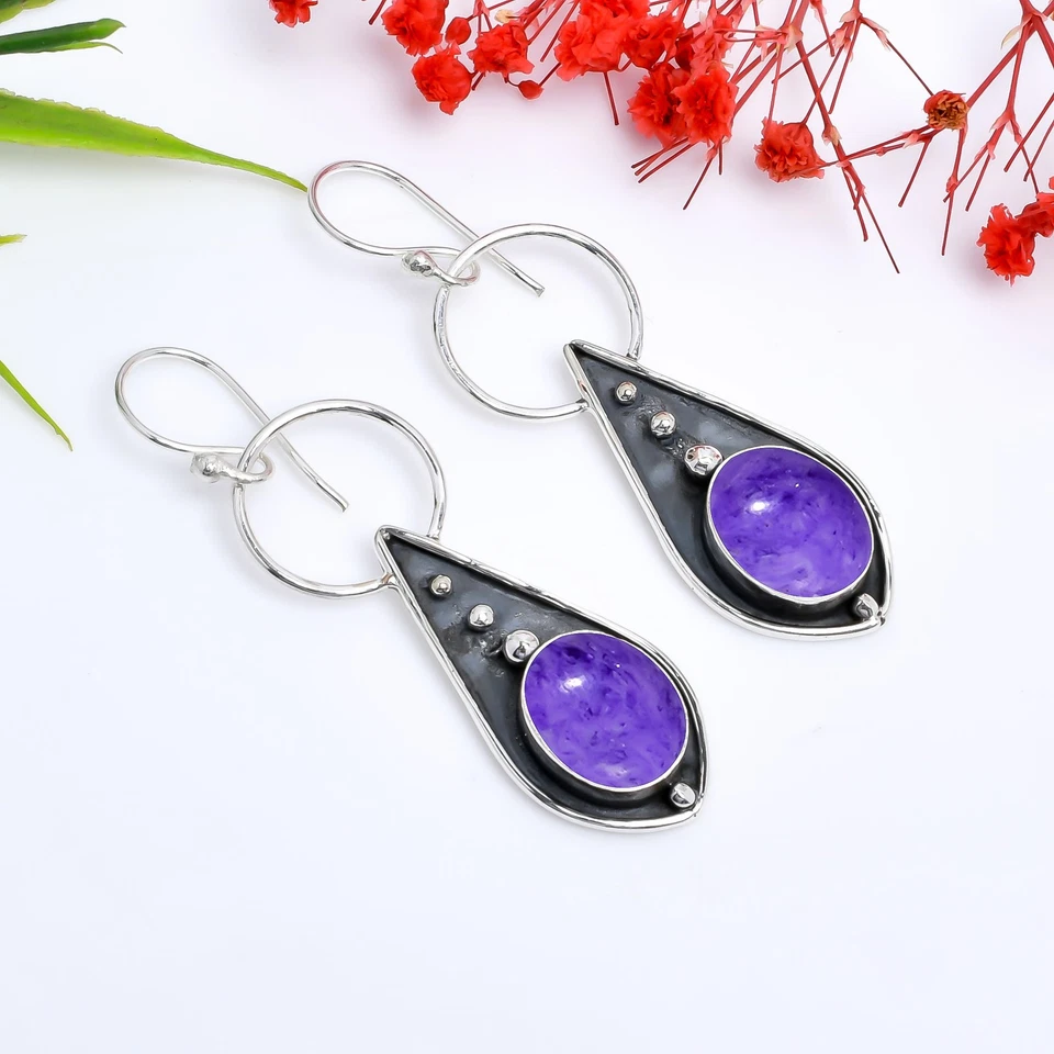 Russischer Charoit Edelstein Handarbeit 925 Sterling Silber Schmuck Ohrringe - Bild 3 von 4