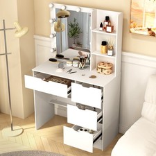 Small White Dressing Table Vanity Makeup Desk Set With LED Light Mirror,Drawers