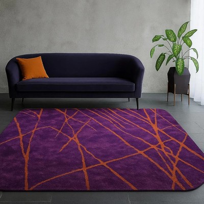 Moderner abstrakter lila Teppich, kräftiges violettes und orangefarbenes Lini...