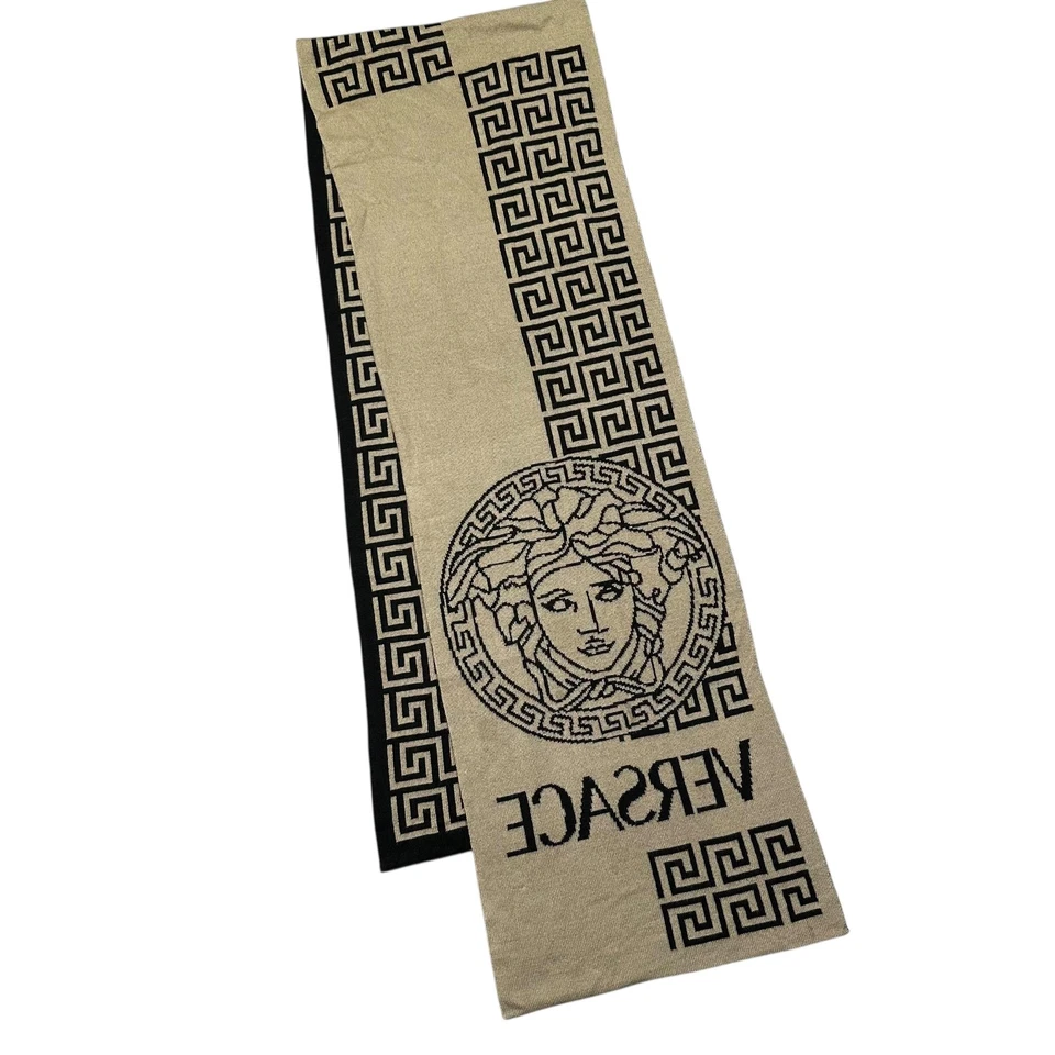 Versace Scarf Black Beige Medusa Greca Key Reversible Wool Knit 72" x 12" - Image 4 of 4