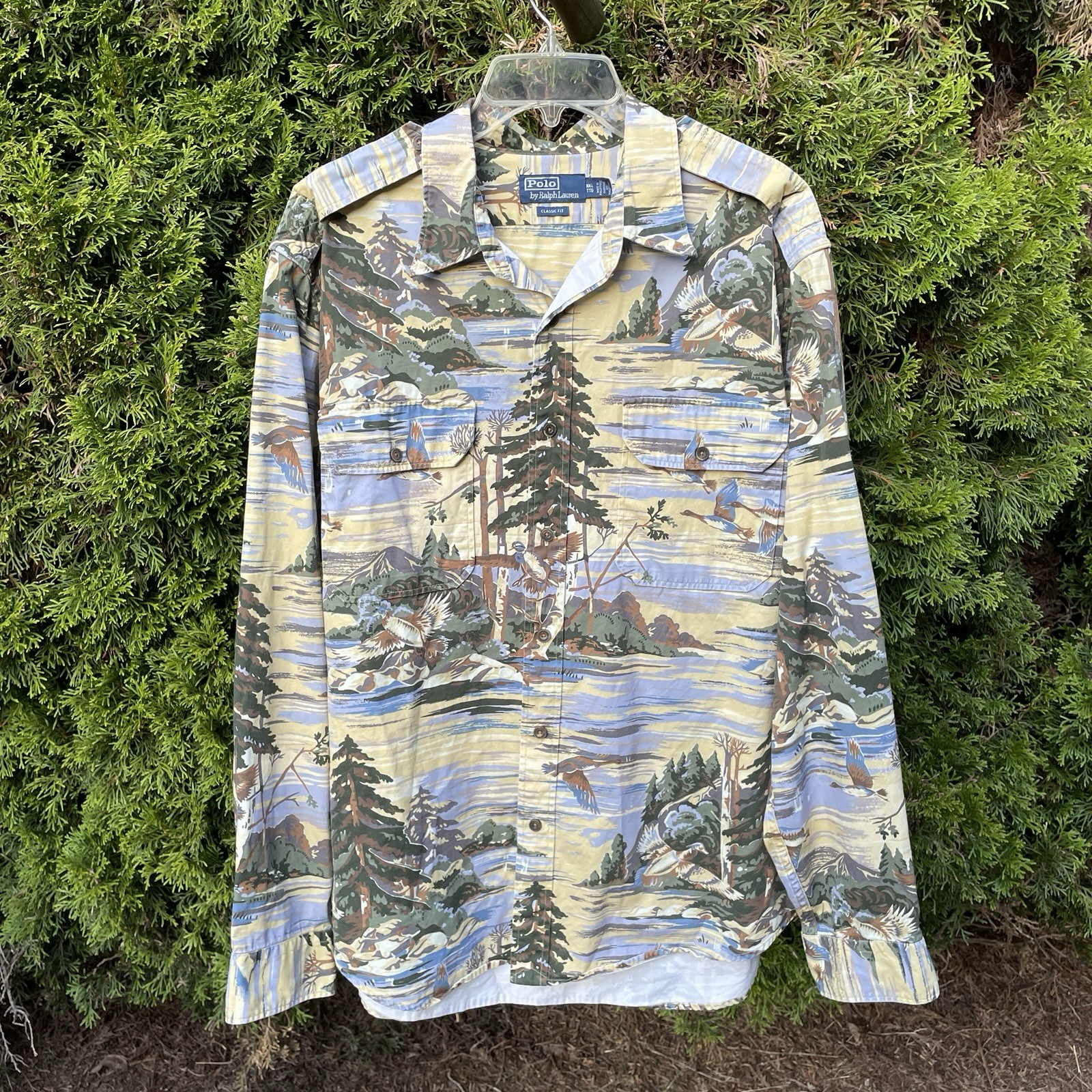 Vintage Polo Ralph Lauren Cotton NATURE AOP Shirt Classic Fit Twill XXL