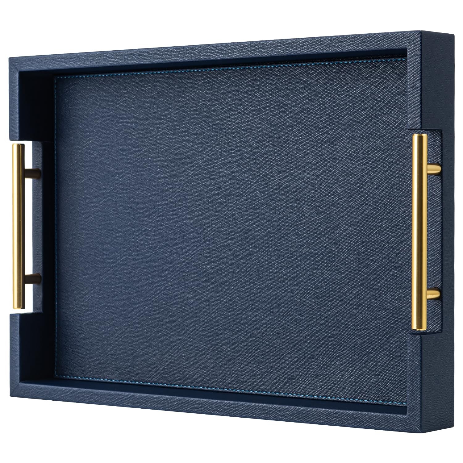 Navy Blue Faux Leather Serving Coffee Tray with Gold Handles,Rectangle Decora...