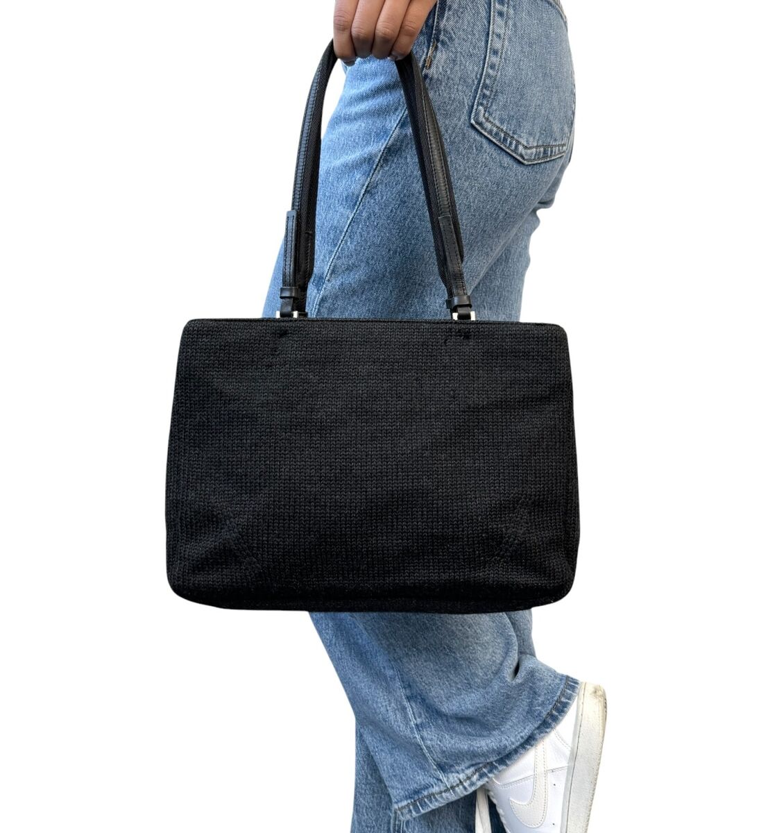 PRADA Vintage Logo Knit Shoulder Bag Tote Zip Black Silver PRADA Vintage Logo Knit Shoulder Bag Tote Zip Black Silver
