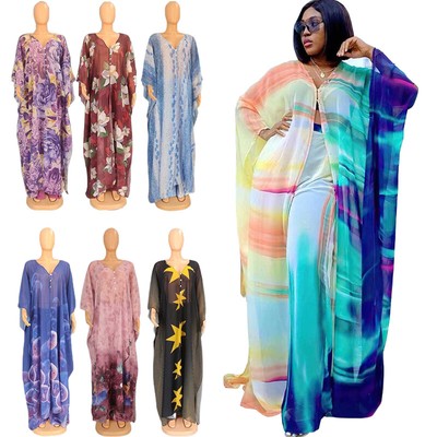 2pc Women Loose Dress Kaftan Cardigan Wide Leg Pants Set African 