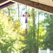 30"Long Purple Cross Wind Chime with Copper Gem Ornament Home Decor Unique Gift