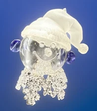 Clear Glass Snowman Head Holiday Ornament Frosted Glass Hat/Blue  Ear Muffs
