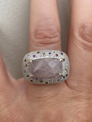 Atemberaubender echter facettierter Rosenquarz & Multi Edelstein 925 Silber Ring Größe 7