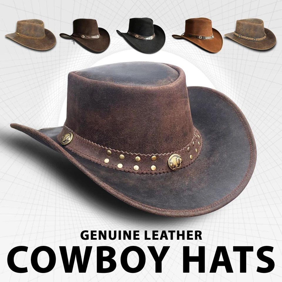 CHIC HOME Cowboy Hat Men's Real Leather Australian Western Cowboy Tan Crazy Horse Bush Hat