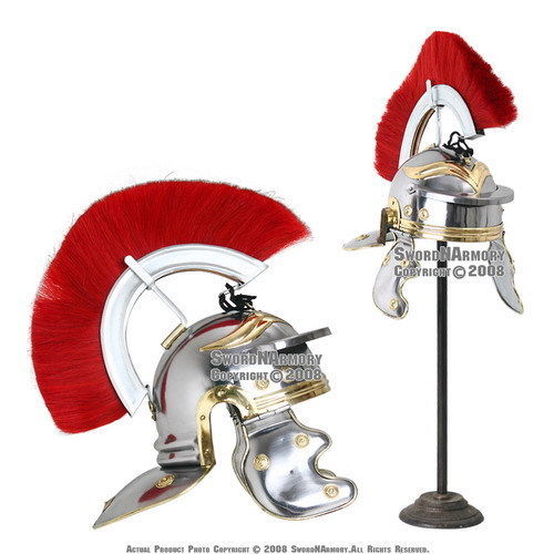 Casque Médiéval Romain Centurion Avec Crête Plume Rouge - Acier Et Laiton, Support En Bois, Décoration Vintage, Dimensions 30,5x22,9x43,2 Cm