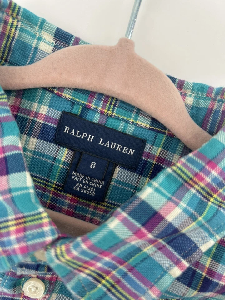 Polo feminina Ralph Lauren xadrez botão para baixo babado bainha peplum tamanho 8 preppy azul-petróleo - Imagem 3 de 4