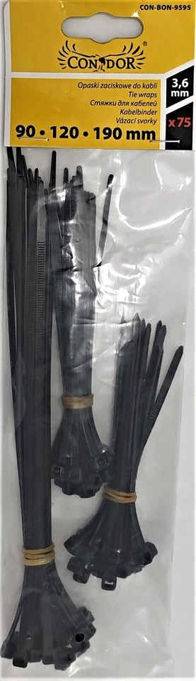 CONDOR Kabelbinder Schwarz Kunststoff 3,6 x 90/120/190 mm ( je 25 x ) Set 75 Stück neu