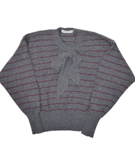 Jaeger Sweater Womens M Angora Lambswool Grey Striped Bow Crewneck Jumper