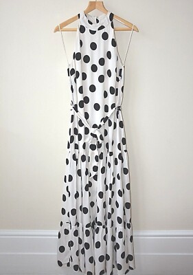 Ex Ro&Zo Maxikleid creme + schwarz Oversize gepunktet Neckholder gefüttert Größe 6 LINKS