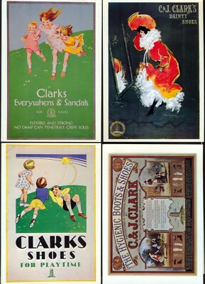 Moderne Postkartenserie: Vier Retro CLARKS SHOES Werbung. Kostenloser UK-Versand