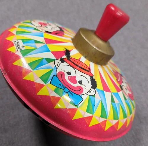 Vintage 1970's Old Tin Litho Spinning Top J. Chein Clowns WORKS