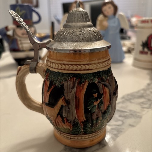 Vintage German Beer Stein Hunters deer Handle w Lid