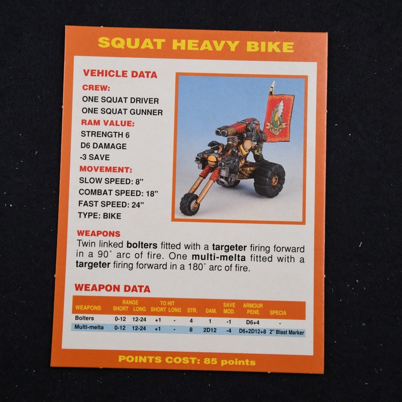 2nd Edition Warhammer 40k Data Card Squat Heavy Bike 40,000