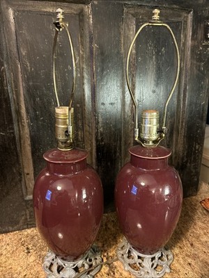PAIR HAEGER Red San De Boeuf Ceramic Accent Table Lamps On Cast Metal Bases 20 