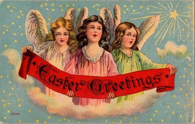 Easter Greetings Angels Holding Banner Stars c1910s Postcard