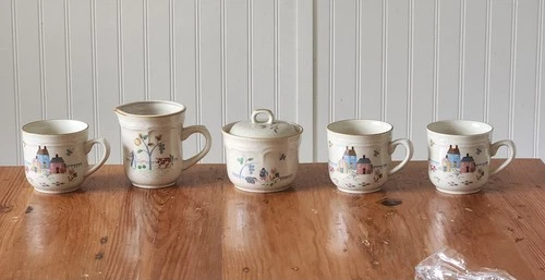 Vintage International Heartland Pattern Creamer / Sugar And 3 Coffee Mugs