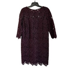 Loft Floral Guipure Lace Lined Burgundy Red Sheer Trim Shift Dress Sz 10P