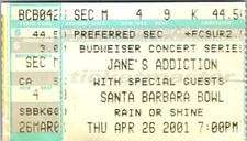 JANE'S ADDICTION CONCERT TICKET STUB, SANTA BARBARA BOWL, APR. 26 2001