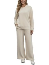 Women Casual Two Piece Sweatshirt Outfit Lounge Set Long Sleeve Large Beige