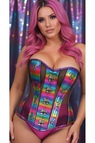 Rainbow Glitter PVC & Black Fishnet Steel Boned Corset Overbust D-Rings & Clasp