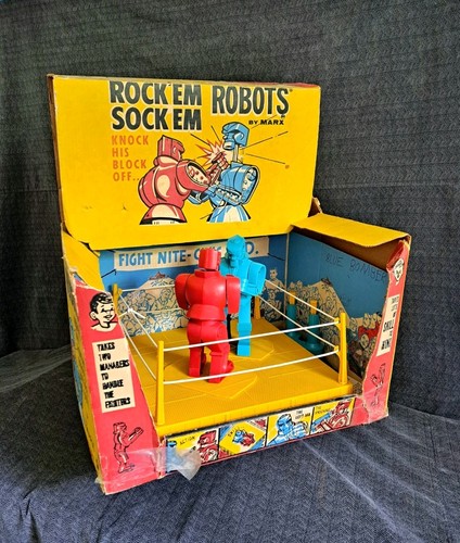 ORG 1966 Marx Rock Em Sock Em Robots Game+Box  Cyan-Blue Fight Inserts Works VG