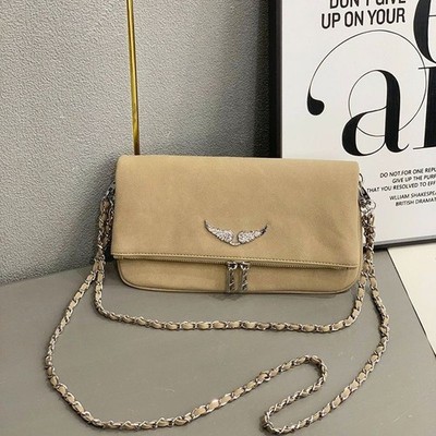 Zadig & Voltaire Rock Wing Camel Suede Bag Crystal Wing Crossbody 27x15cm