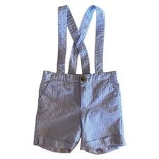 Janie and Jack Boys Blue Striped Overall Shorts Size 12-18 mos Seersucker EUC